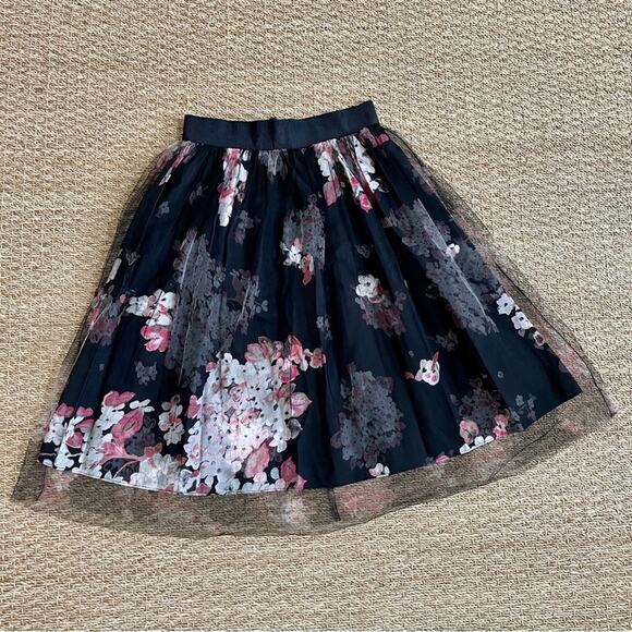 Milly Monica Tulle Overlay Black Pink Floral A-Line Skirt Grosgrain Waistband 6 - Picture 3 of 16